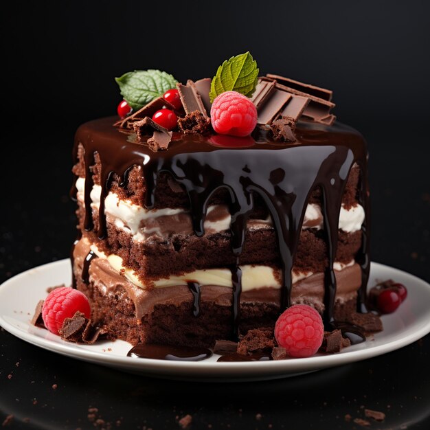 Foto torta al cioccolato con lamponi e more su sfondo bianco