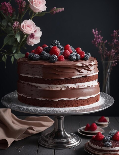 Photo a chocolate cake with raspberries and a bouquet of flowers