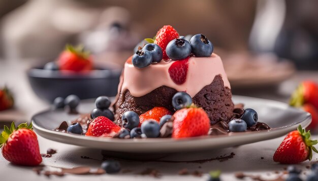 a chocolate cake with raspberries and chocolate on it