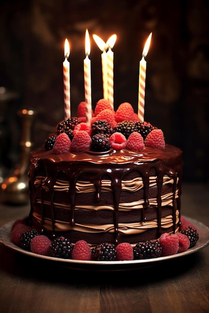 a chocolate cake with raspberries and chocolate on it