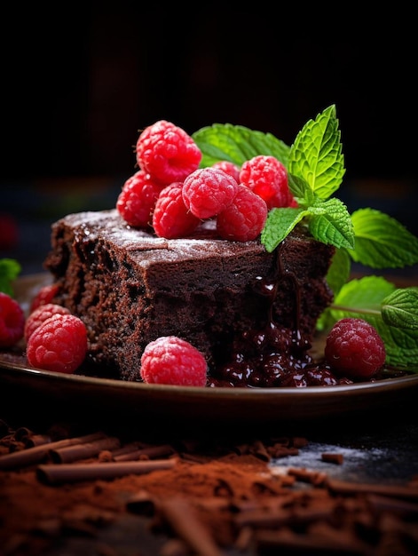 a chocolate cake with raspberries and mint leaves on a plate.