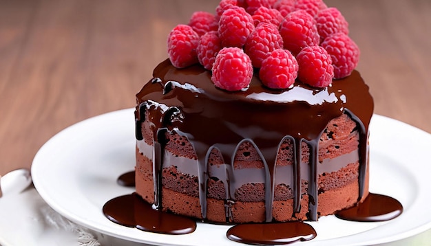 A chocolate cake with raspberries on top