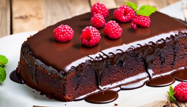 A chocolate cake with raspberries on top