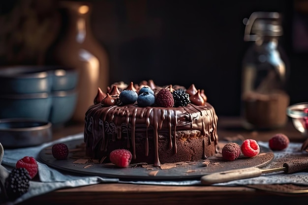 A chocolate cake with a raspberry drizzle and a blueberry drizzle.