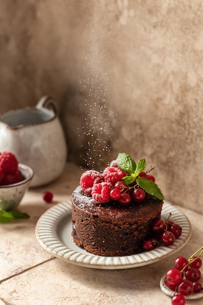 Chocolate cake with red berries sprinkled with powdered sugar on beige tile, still life, text space