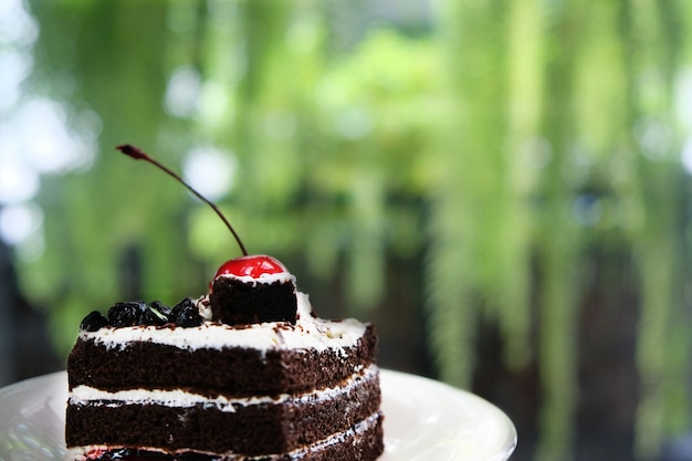 Torta al cioccolato con ciliegie rosse disposte sopra mangia un sacco di grasso.