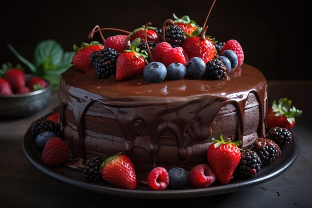 Chocolate cake with rich chocolate ganache and fresh berries on top created with generative ai