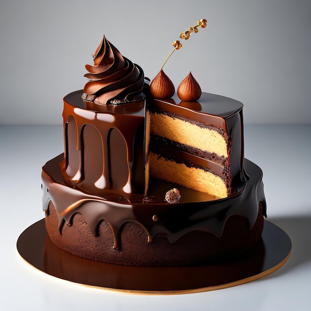 A chocolate cake with a slice of cake on top of it