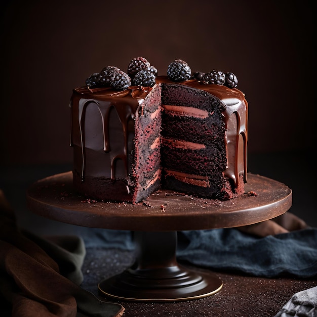 A chocolate cake with a slice cut out of it