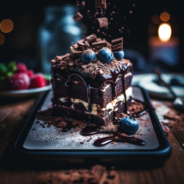 Chocolate cake with smartphone as a plate generated by artificial intelligence