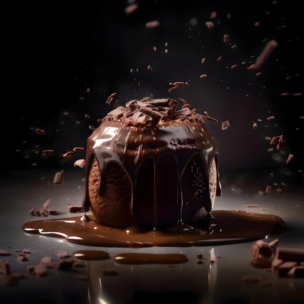 Chocolate cake with splashes and pieces of chocolate on a black background