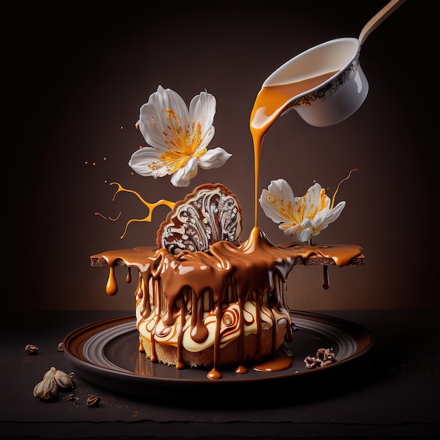 A chocolate cake with a spoon pouring honey on it.