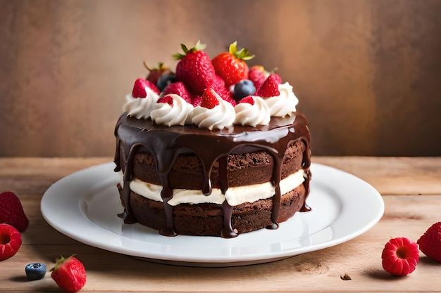 A chocolate cake with strawberries and blueberries on top