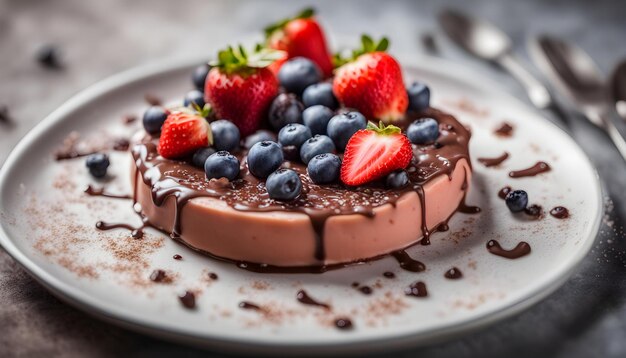 Photo a chocolate cake with strawberries and chocolate on it