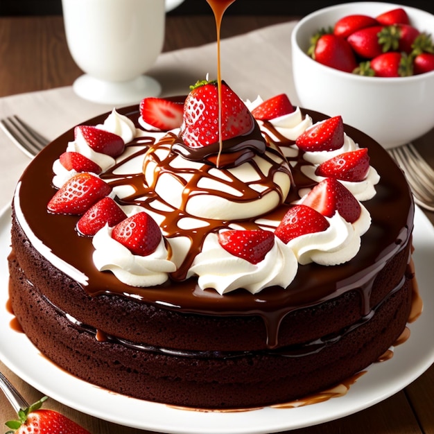 A chocolate cake with strawberries and chocolate sauce being poured over it.