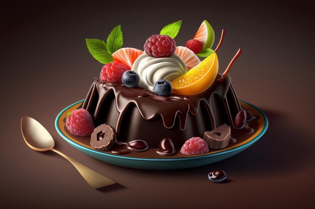 A chocolate cake with strawberries and chocolate sauce on a plate with a flower chocolate