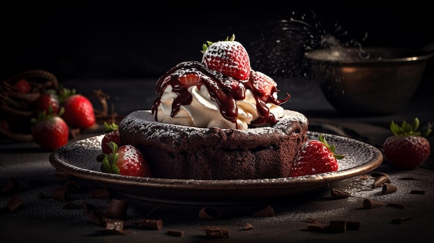 A chocolate cake with strawberries and chocolate sauce