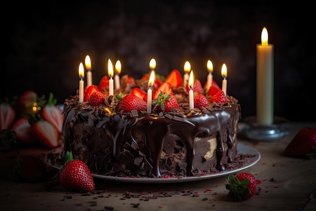 Chocolate cake with strawberries and colored candles generative IA