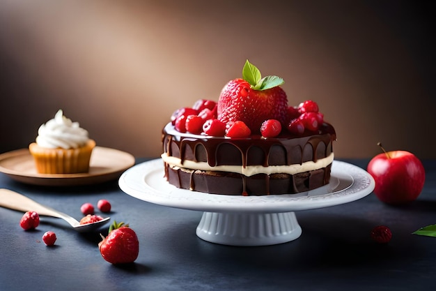 A chocolate cake with strawberries and cream on top