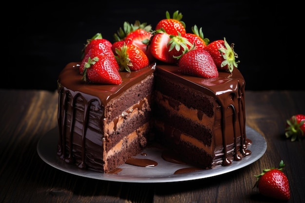 Chocolate cake with strawberries on dark background Sweet pastries and confectionery