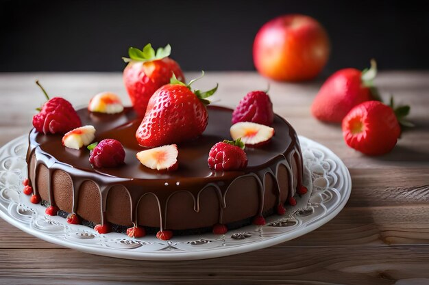 A chocolate cake with strawberries on it