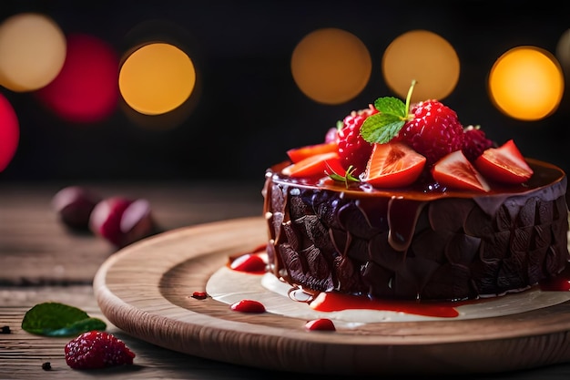 a chocolate cake with strawberries on a plate with a blurred background.