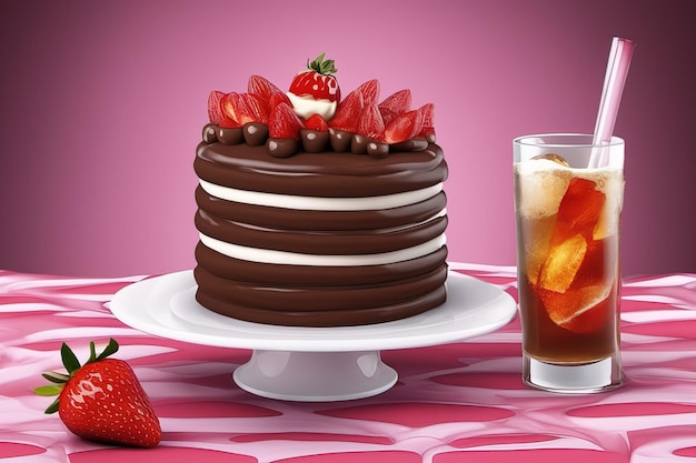 a chocolate cake with strawberries and strawberries on a table.