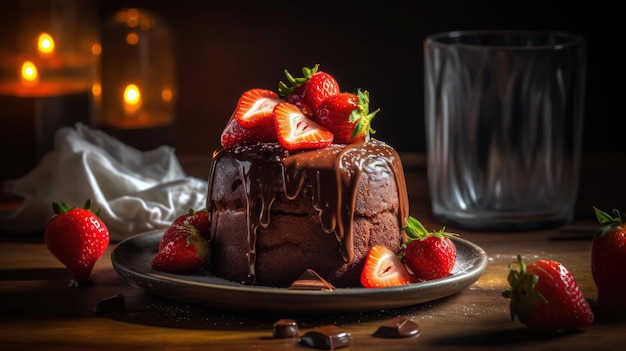 A chocolate cake with strawberries on top and a glass behind it