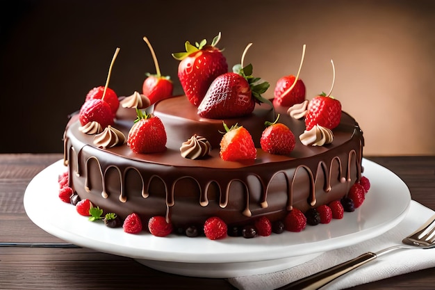 A chocolate cake with strawberries on top