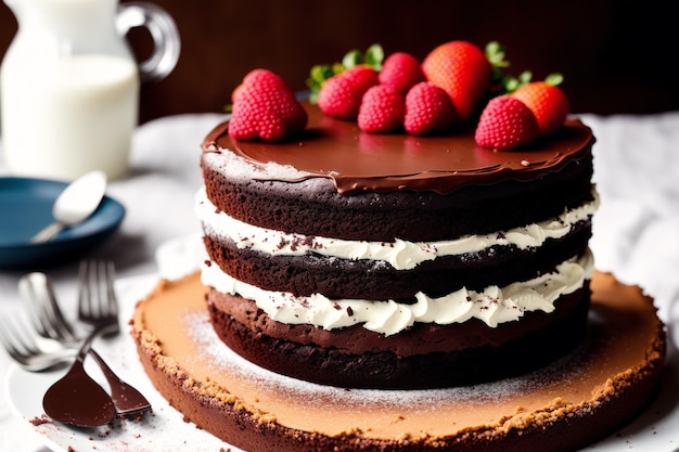 A chocolate cake with strawberries on top