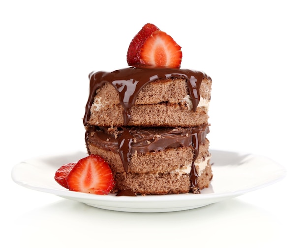 Chocolate cake with strawberry isolated on white