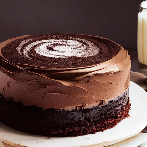 A chocolate cake with a swirl on top sits next to a glass of milk.