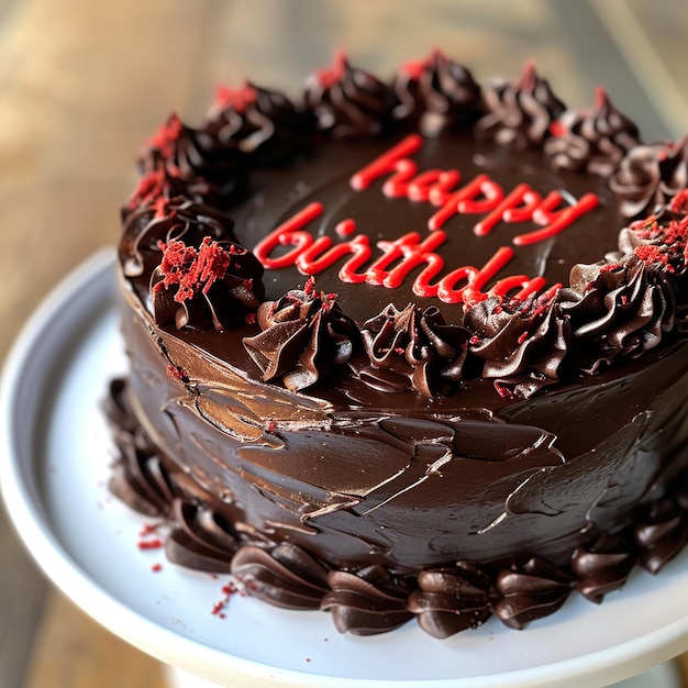 Chocolate cake with text Happy Birthday on top Shallow dof