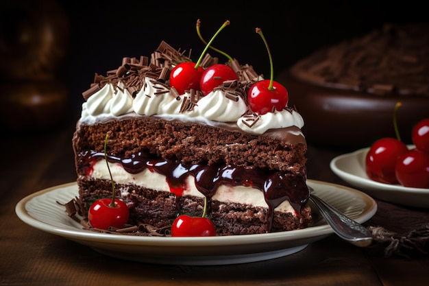 Chocolate cake with whipped cream and cherries on the table