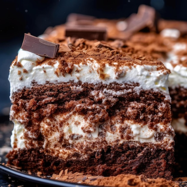 Chocolate cake with whipped cream and cocoa powder on a dark background