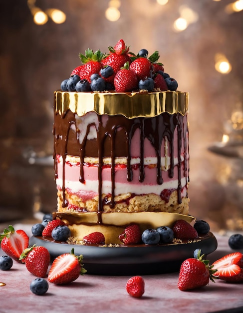 Шоколадный торт с битой сливкой и свежими фруктами на темном фоне