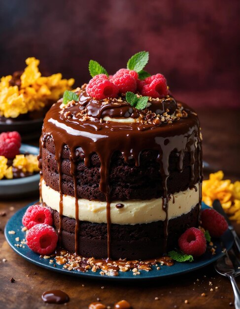 Шоколадный торт с битой сливкой и свежими фруктами на темном фоне