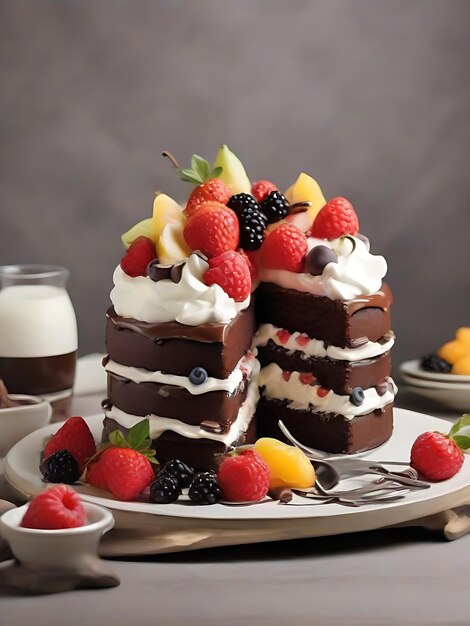 Photo chocolate cake with whipped cream and fruits ai image