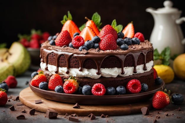 Chocolate cake with whipped cream and fruits