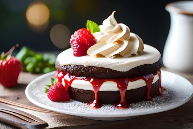 chocolate cake with whipped cream and fruits