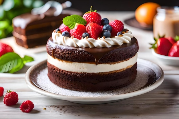 Chocolate cake with whipped cream and fruits