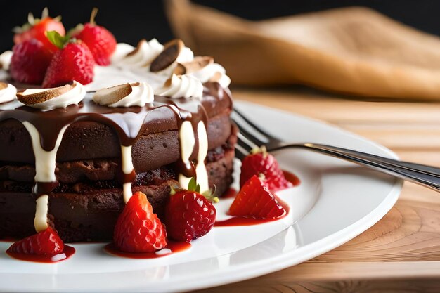 Chocolate cake with whipped cream and fruits