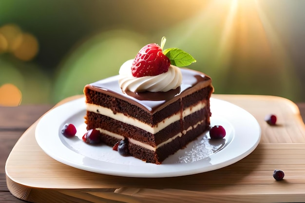 Chocolate cake with whipped cream and fruits