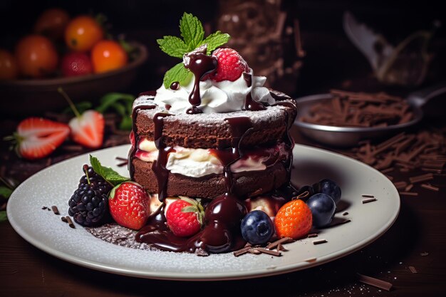 Chocolate cake with whipped cream and fruits