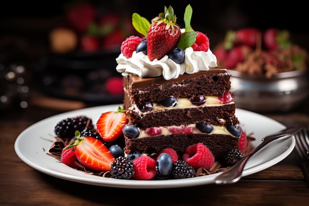 Chocolate cake with whipped cream and fruits