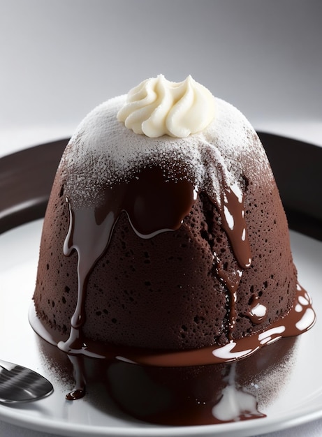 a chocolate cake with whipped cream on top of it.