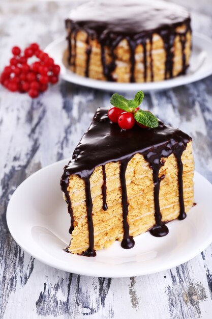 Chocolate cake on wooden table