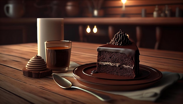 Chocolate cake on wooden table