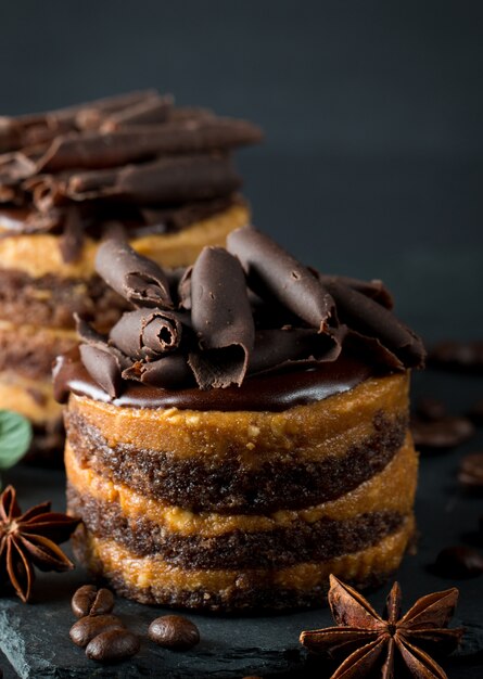 Chocolate cakes on black board 