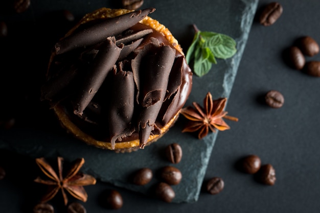 Chocolate cakes on black board. 